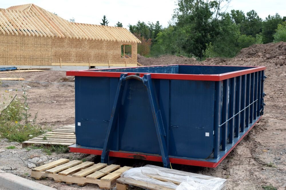 dumpster,garbage,materials,new,home,house,construction,framing,lumber,builders